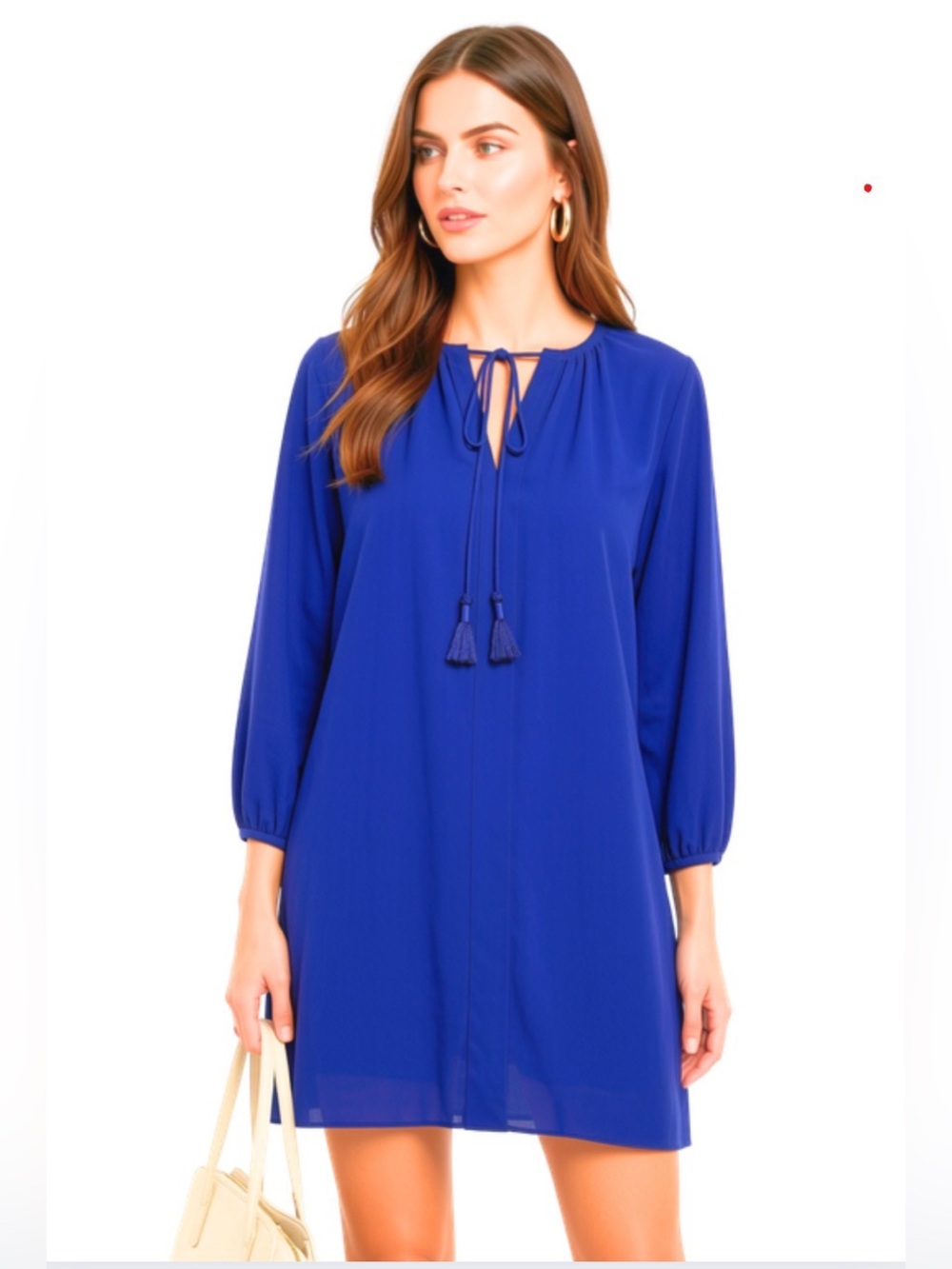 NWT! Michael Kors, Navy Blue Tassel Boho Chic Peasant Shirt Dress 3/4 Sleeve